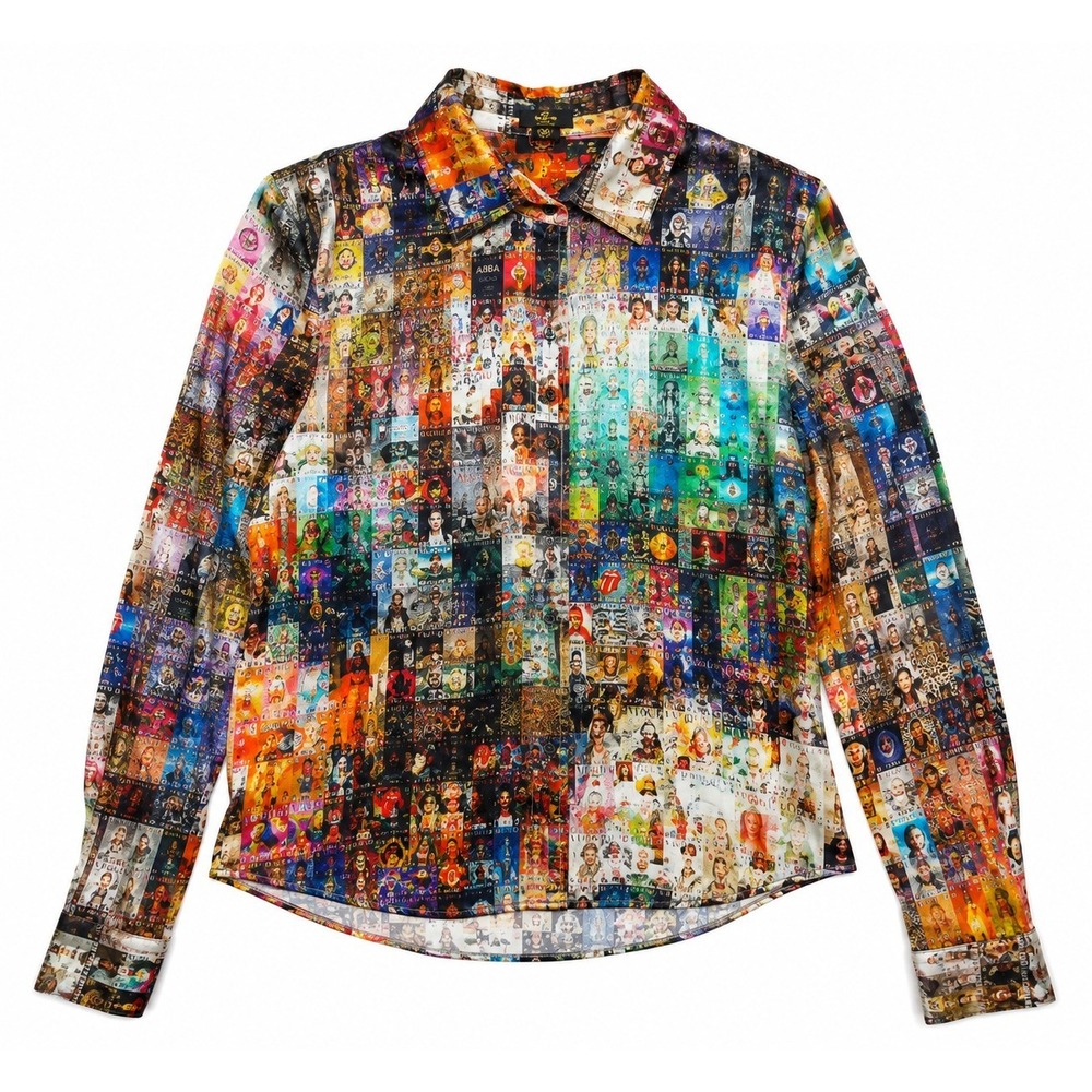 UNBREAK.IT Silk Blouse M Italy Pop Art Collage Music Vogue Graphic Button Shirt
